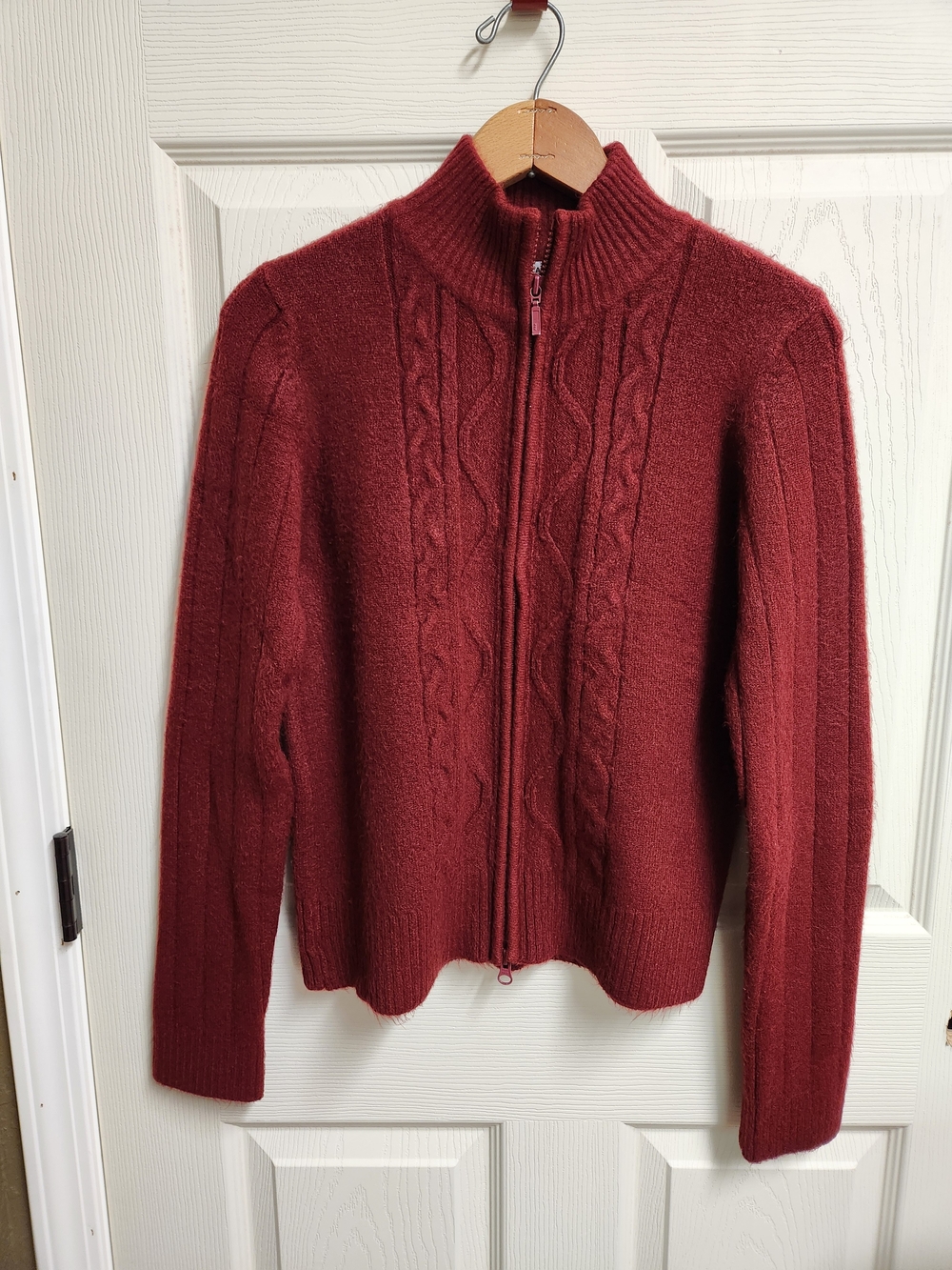CAbi Burgundy Cable Double Zipper-Front Sweater Jacket